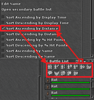 Battle List menu with Sort Ascending by Distance selected