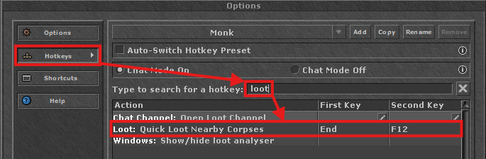 Tibia hotkeys: key assigned to Quick Loot Nearby Corpses