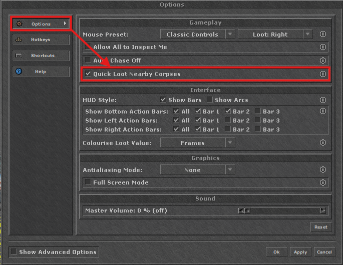 Tibia options: Quick Loot Nearby Corpses enabled