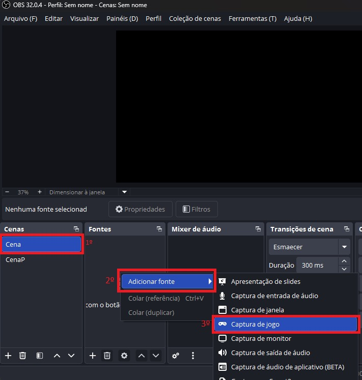 OBS: select the scene, then Add source, then Game Capture