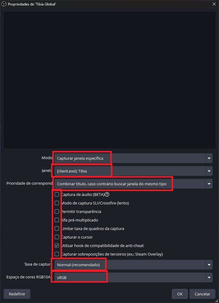 OBS: Game Capture source properties
