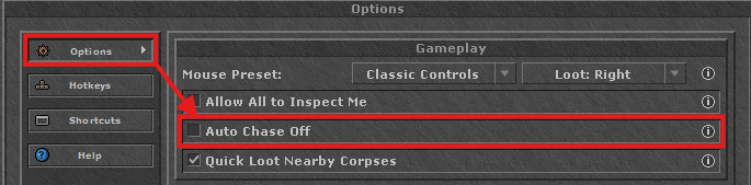 Tibia options: Auto Chase Off unchecked