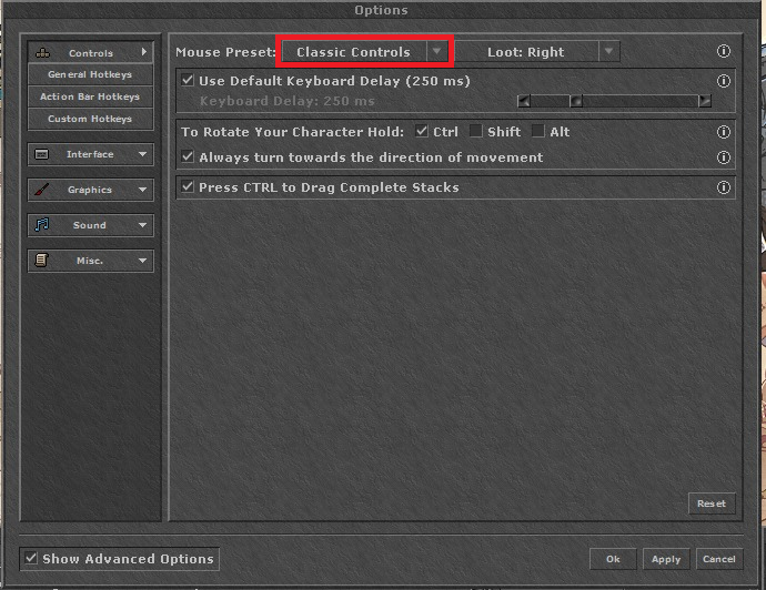 Tibia options: Mouse Preset set to Classic Controls